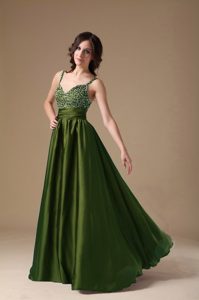 Olive Green Spaghetti Straps Beaded Celebrity Dress for Prom in Best for Girls