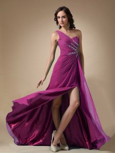 Fuchsia Empire Single Shoulder Beaded Prom Dress and Elastic Woven Satin