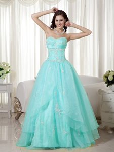 Aqua Blue A-line Sweetheart Long Prom Party Dresses in Organza with Beading