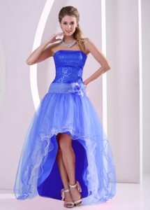 Strapless High-low Blue Prom Dresses with Hand Made Flower and Sequins in Organza