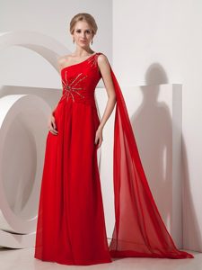 Pretty Red Empire One Shoulder Chiffon Prom Dress with Beading and Watteau Train