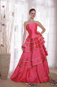New Coral Red A-line Strapless Long Prom Celebrity Dress with Ruffles