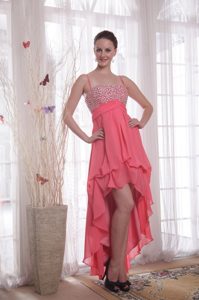 Watermelon Empire High-low Chiffon Prom Dresses for Cocktail with Shining Beading