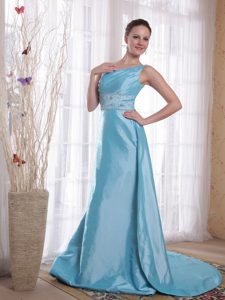 Baby Blue One Shoulder Beaded Prom Formal Dress with Beading in