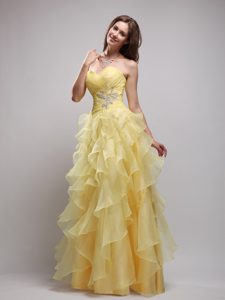 2013 Yellow Empire Sweetheart Organza Prom Party Dress with Ruffles and Appliques