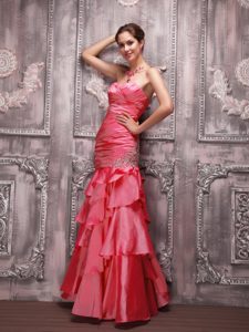 Red Sweetheart Long Prom Dress in with Ruffles and Beading