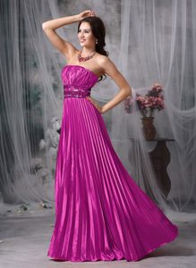 Luxurious Hot Pink Strapless Pleated Prom Dress with Beaded Waist