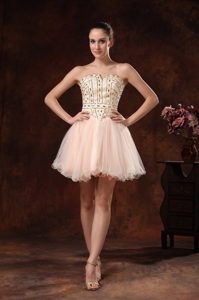 Slot Neckline Mini-length Champagne Tulle Prom Dress for Juniors with Beading