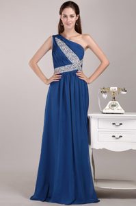 Teal One Shoulder Long Ruched Chiffon Prom Dress with Beading on Sale