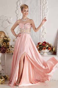 Baby Pink Sweetheart Brush Train Ruched Prom Dresses with Beading and Slit