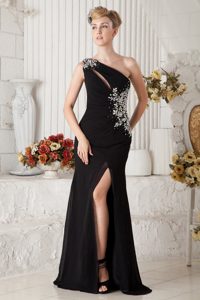 Black One Shoulder Brush Train Beaded Prom Dress with Cutout and High Slit
