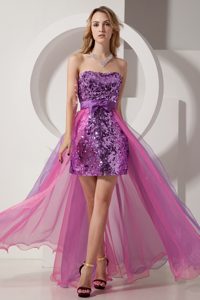 Sweetheart High-low Purple Sequin and Chiffon Prom Cocktail Dress with Bow