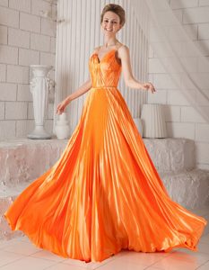Orange Red Spaghetti Straps Court Train Ruched Prom Evening Dress with Pleats