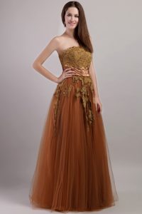Best Brown Strapless Long Tulle Prom Dress for Parties with Appliques