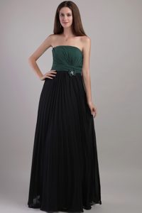Green and Black Strapless Long Ruched Chiffon Prom Dress with Flower