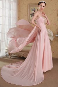 New Strapless Court Train Ruched Chiffon Baby Pink Prom Dress with Appliques