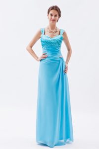 Aqua Blue Straps Long Ruched Chiffon Prom Dress for Formal Evening
