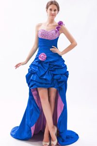 High-low Pink and Blue One Shoulder Prom Dress with Pick-ups and Beading