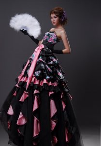 Strapless Long Multi-colored Layered Prom Dress with Ruffles and Bow
