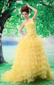 Light Yellow One Shoulder Brush Train Ruched Prom Evening Dress with Ruffles