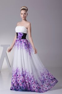 New Strapless Long Printed Prom Party Dress with Ruching and Flower