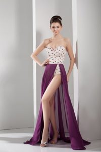 Sweetheart Brush Train White and Purple Prom Dress with Beading and High Slit