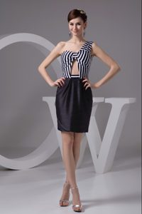 One Shoulder Mini-length Black and White Prom Dress with Stripes and Cutout