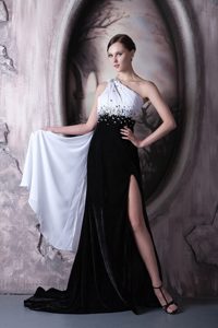 White and Black One Shoulder Brush Train Beaded Ruched Slitted Prom Dresses