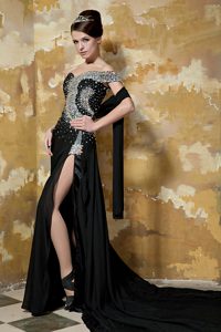 One Shoulder Brush Train Black Chiffon Prom Dresses with Beading and Shawl