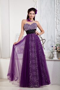 New Sweetheart Long Leopard and Purple Tulle Prom Dress with Beading