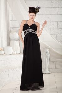 Black Straps Long Beaded Chiffon Prom Dress for Parties with Ruching