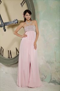 Baby Pink Strapless Long Beaded Chiffon Prom Dress with Cutout Waist