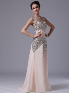 Chic Baby Pink Straps Brush Train Chiffon Prom Dress for Parties with Beading
