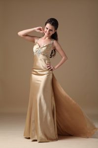 Champagne Straps Brush Train Beaded Formal Prom Dress with Ruching