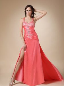 Watermelon Straps Brush Train Ruched Prom Dress with Beading and High Slit