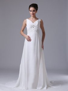 V-neck Court Train Ruched Chiffon Wedding Dresses with Beading for Cheap
