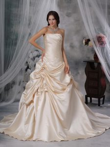 Strapless Court Train Champagne Ruched Wedding Dress with Pick-ups