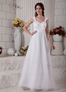 Custom Made Straps Brush Train Tulle Bridal Dress with Ruching and Flower