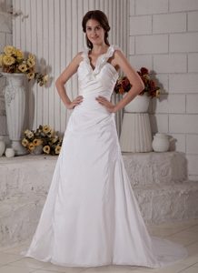 V-neck Brush Train Flounced Wedding Dress with Ruching for Cheap
