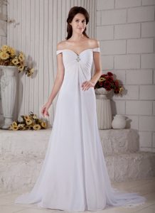 off-the-shoulder Court Train Ruched Chiffon Wedding Dress with Appliques