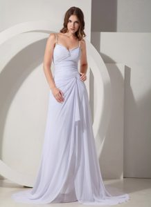 White Court Train Spaghetti Straps Ruched Dresses for Wedding with Beading