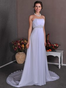 Strapless Court Train Ruched Chiffon Wedding Dress with Appliques on Sale