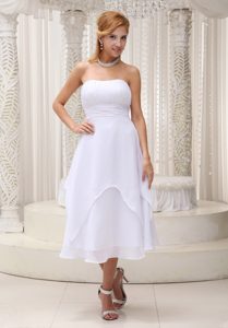 New Strapless Tea-length Layered Chiffon Beach Wedding Dress with Ruching