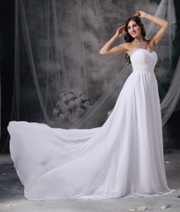 Sweetheart Court Train Ruched Chiffon Wedding Dress with Beading on Sale