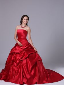 Wine Red Ball Gown Bridal Dress with Court Train and Pick-ups in Taffeta