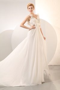 Beautiful V-neck Empire Wedding Gown with Beading and Ruche
