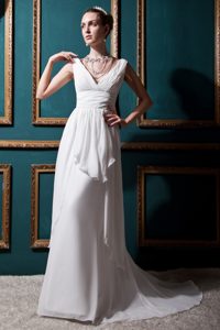 Discount Ivory Empire V-neck Wedding Dress with Ruche on Sale