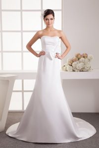 Strapless Sweetheart Satin Dress for Wedding with Bowknot and Court Train