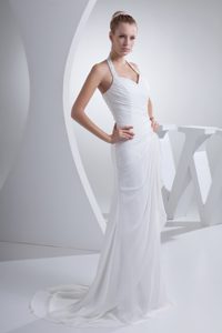 Ruched and Beaded Halter Chiffon Wedding Reception Dress with Appliques