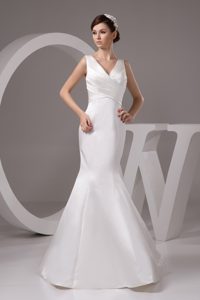 V-neck Mermaid Dress for brides in White with Ruche to Floor-length
